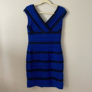 Adrianna Papell Blue and Black lace cocktail dress.
